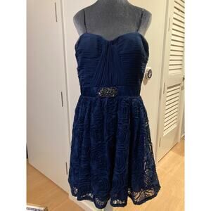 Adrianna Papell Pleat Bodice Rosette tulle Dress Strapless 12 Evening Blue